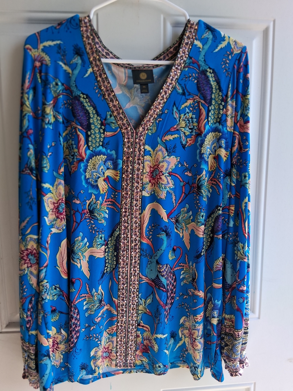 JM Collection Blue Floral Peacock V-Neck Tunic with Embellished Trim